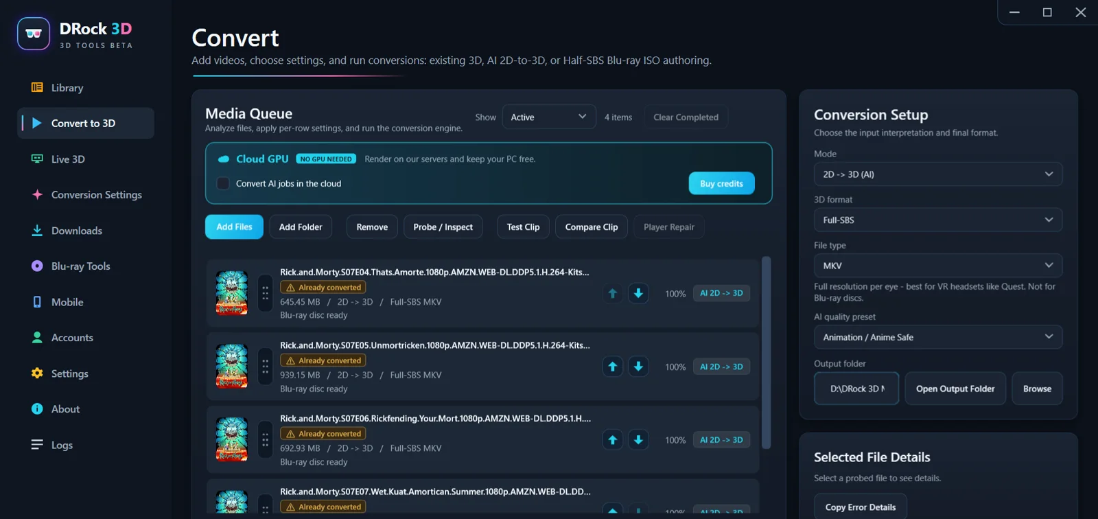 The DRock Convert tab with Convert AI jobs in the cloud enabled