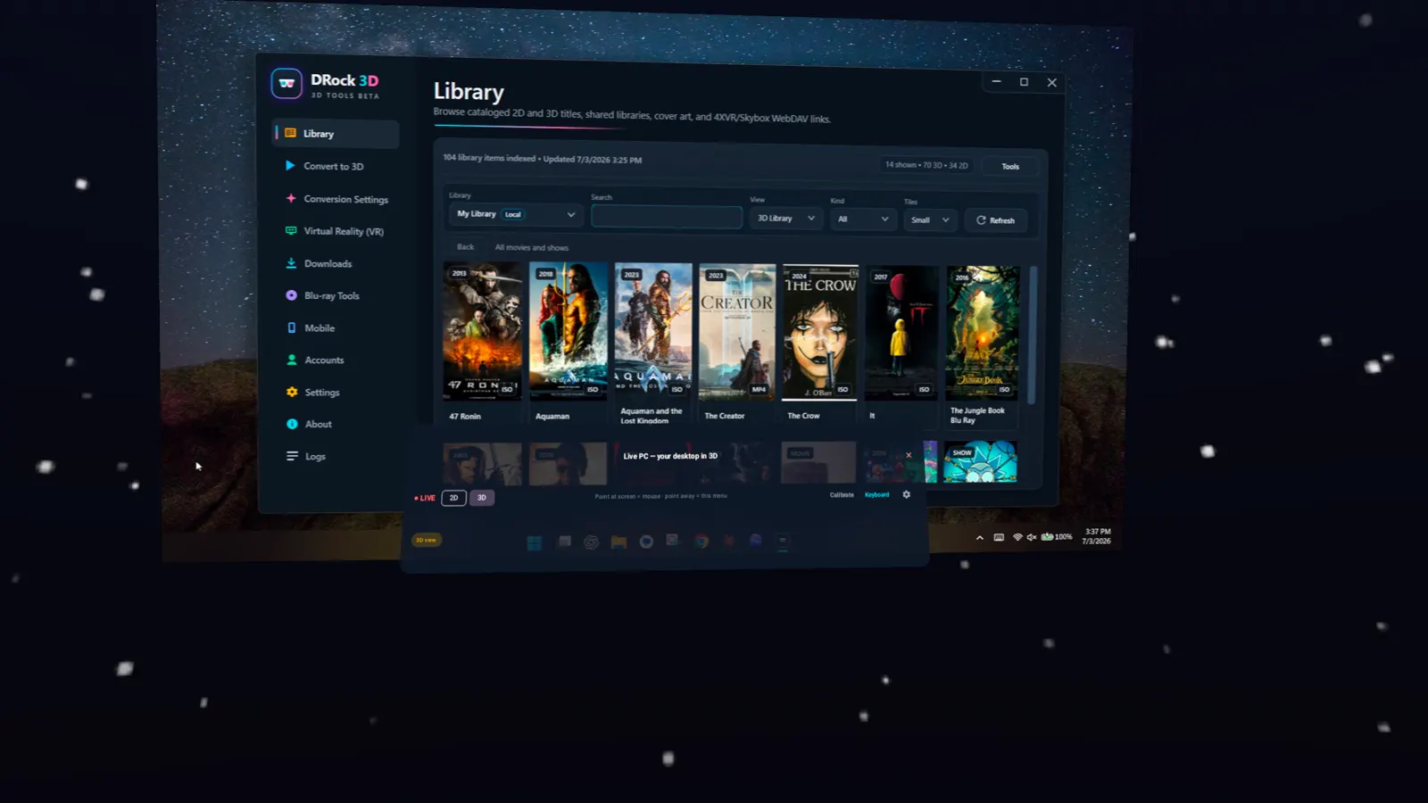 Live PC: the full Windows desktop with taskbar on a huge virtual screen in the headset, control bar floating in front